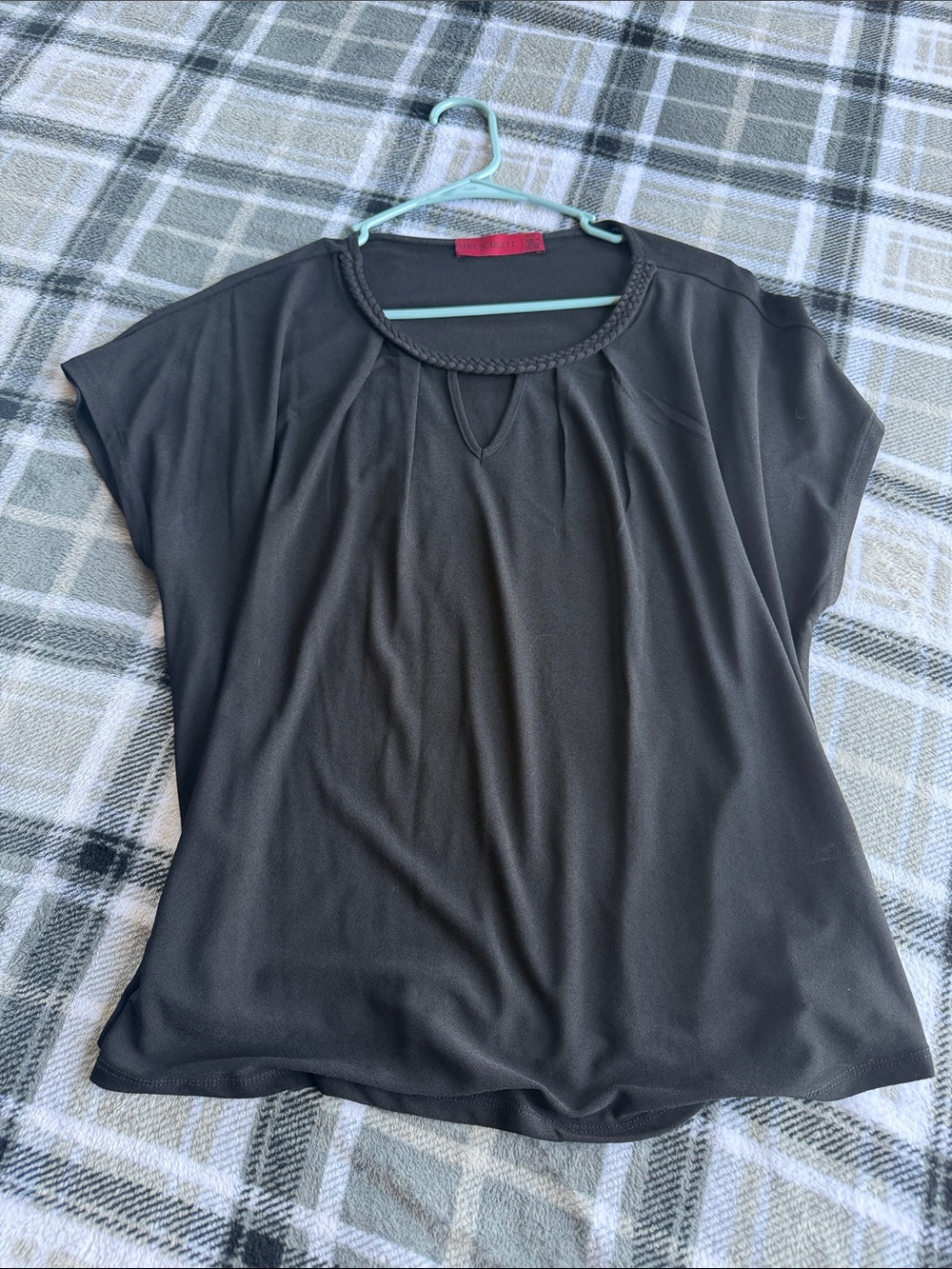 Black Short-Sleeve Blouse with Braided Neckline